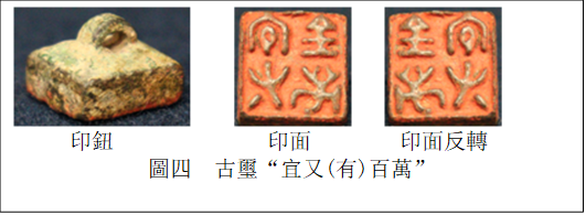       　  
印鈕　　　　　　  印面　　  　印面反轉
圖四  古璽“宜又(有)百萬”
