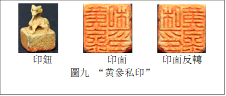         　　  
印鈕　　　　 　印面　　 　印面反轉
圖九 “黄參私印”

